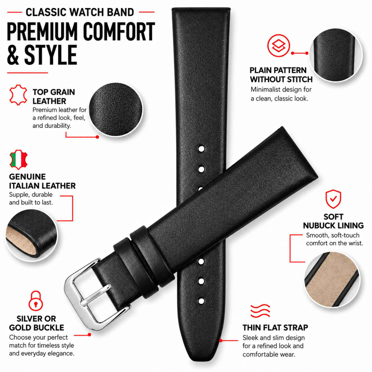 Bandini Leather Classic Watch Band, 10mm 12mm 14mm 16mm 18mm 20mm 22mm