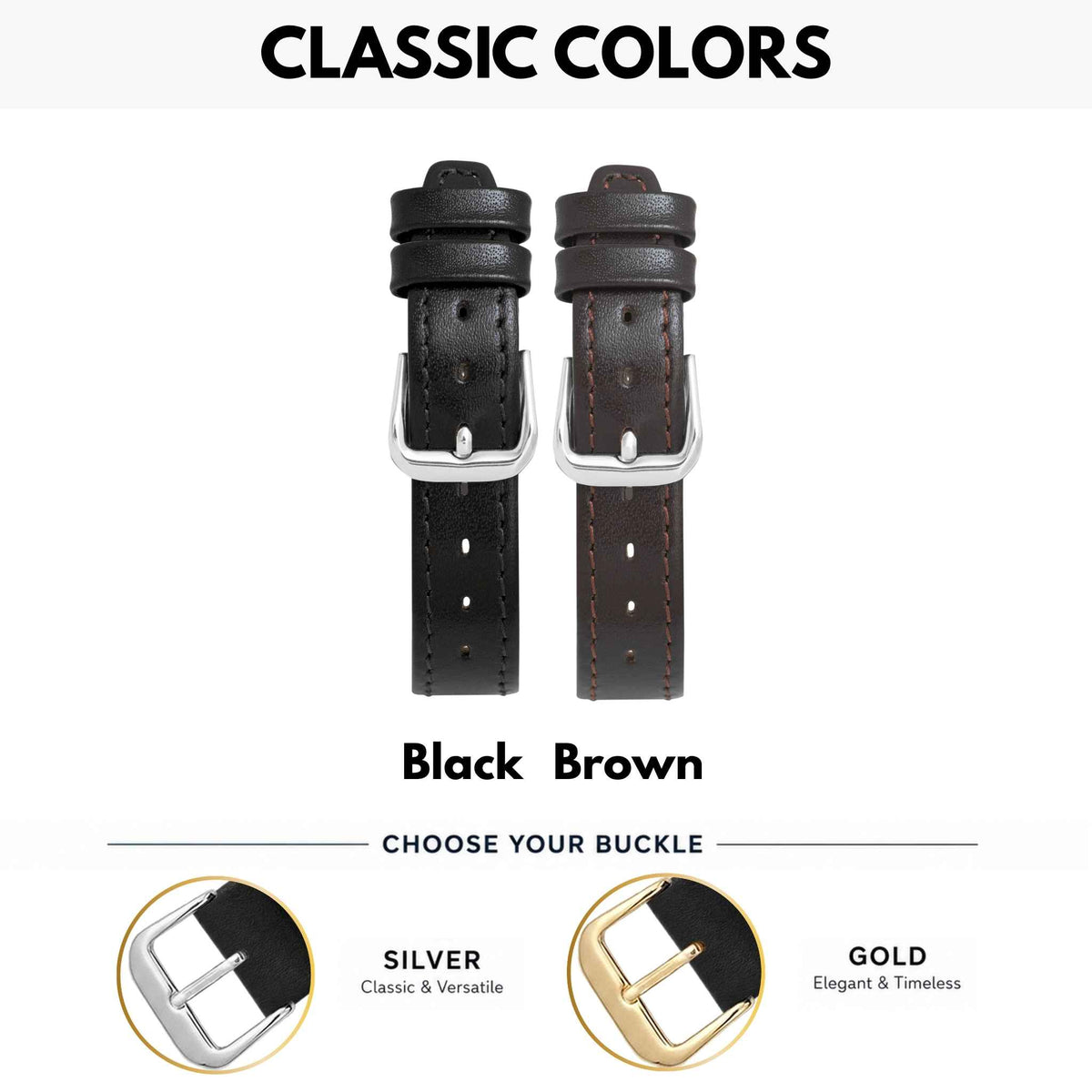 Bandini Thin Leather Classic Watch Band for Men, Women, 10mm to 24mm
