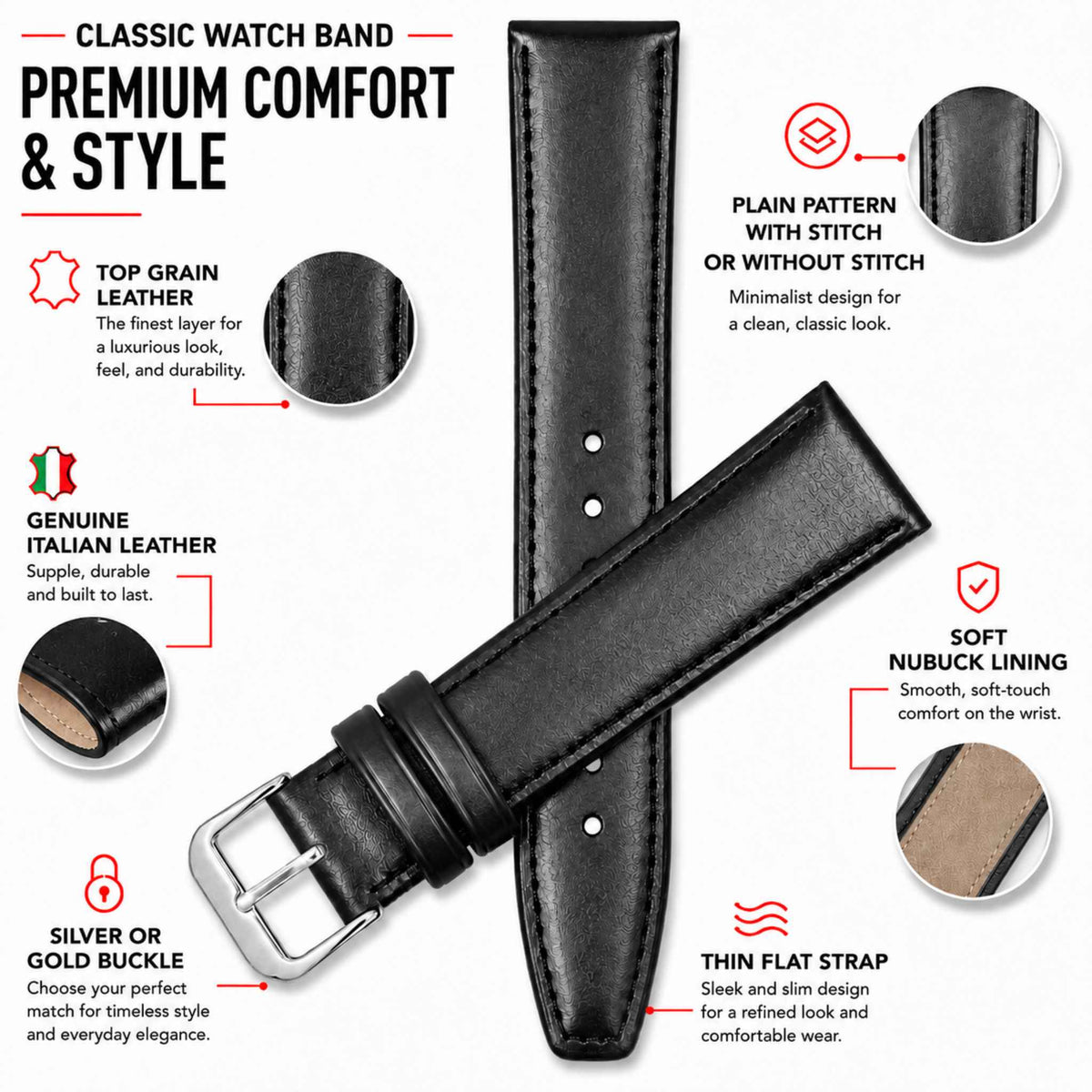 Bandini Thin Leather Classic Watch Band for Men, Women, 10mm to 24mm