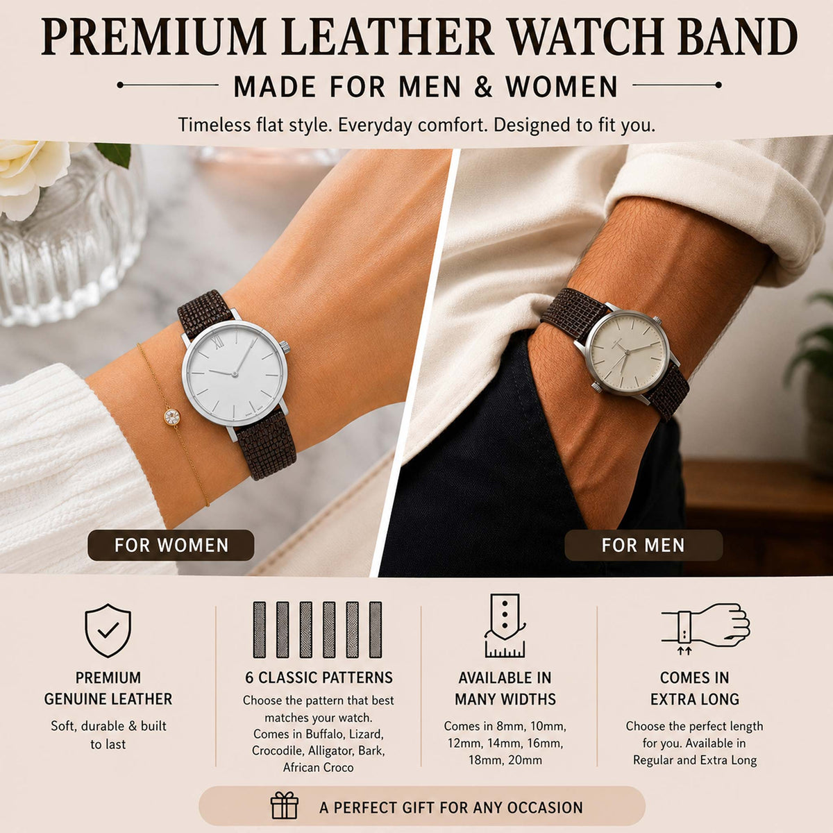 Bandini Leather Lizard Pattern Watch Band – 10mm 12mm 14mm 16mm 18mm 20mm