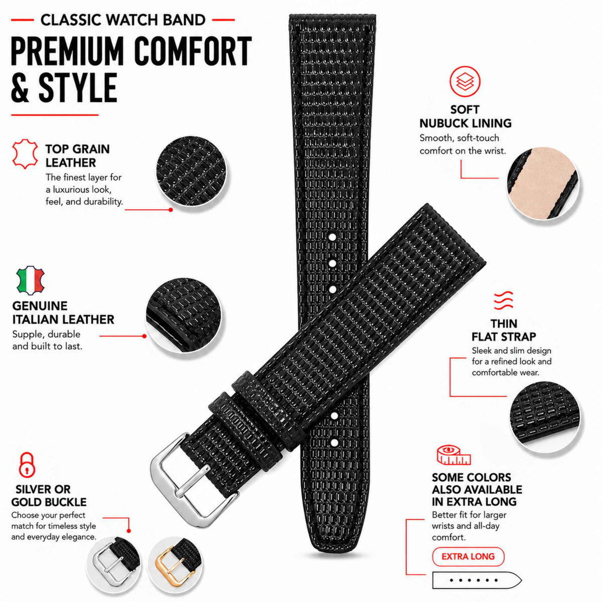 Bandini Leather Lizard Pattern Watch Band – 10mm 12mm 14mm 16mm 18mm 20mm