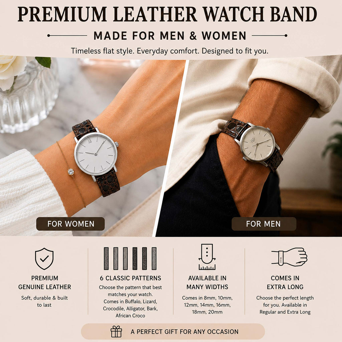 Bandini Leather Crocodile Pattern Watch Band – 10mm 12mm 14mm 16mm 18mm 20mm