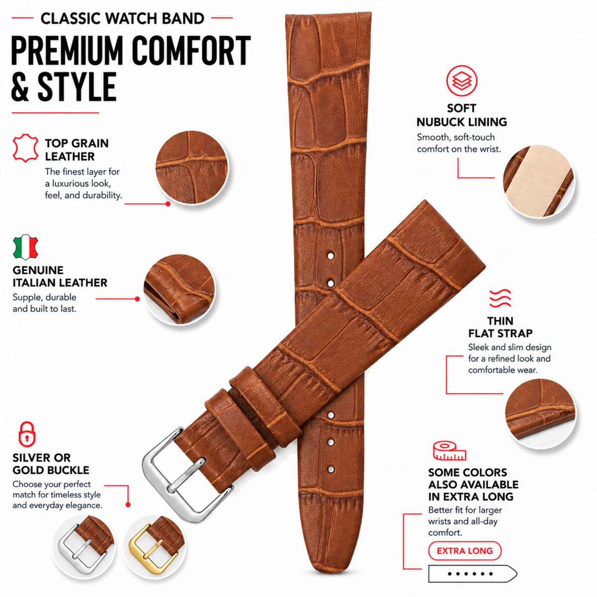 Bandini Leather Alligator Pattern Watch Band – 10mm 12mm 14mm 16mm 18mm 20mm