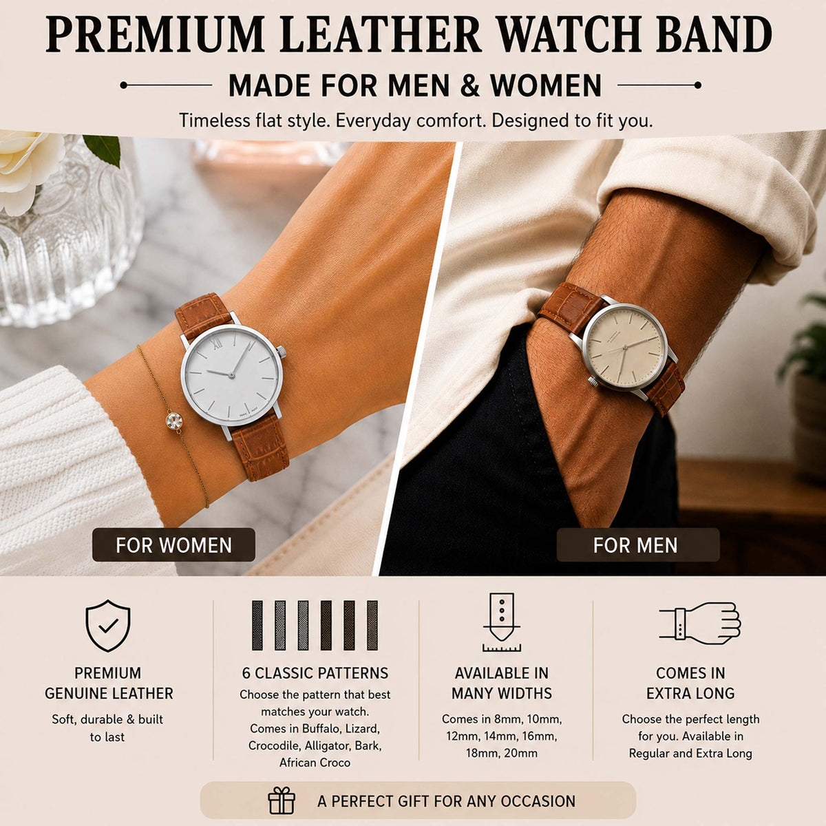 Bandini Leather Alligator Pattern Watch Band – 10mm 12mm 14mm 16mm 18mm 20mm