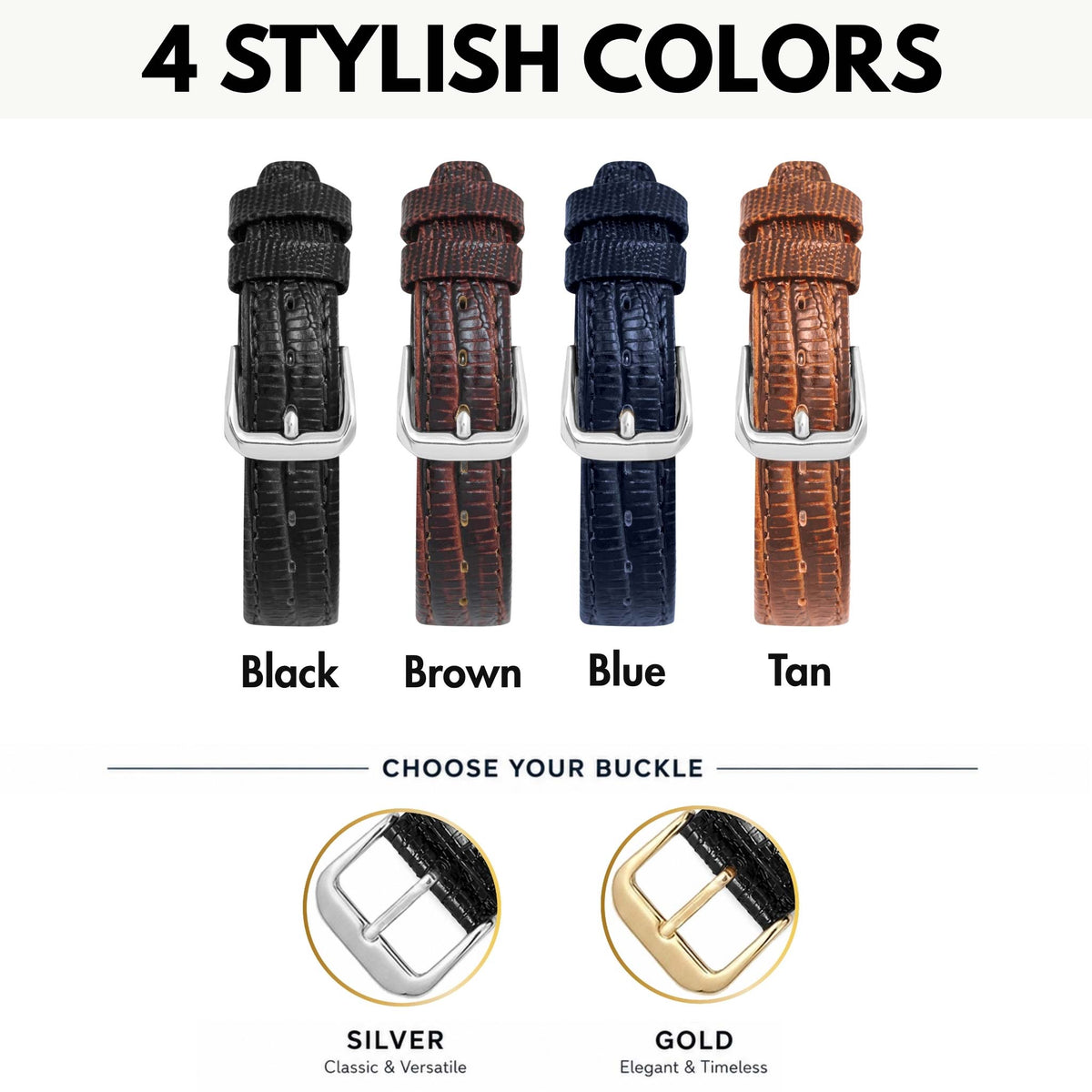 Bandini Classic Leather Lizard Pattern Watch Band for Men, Women, 10mm to 20mm