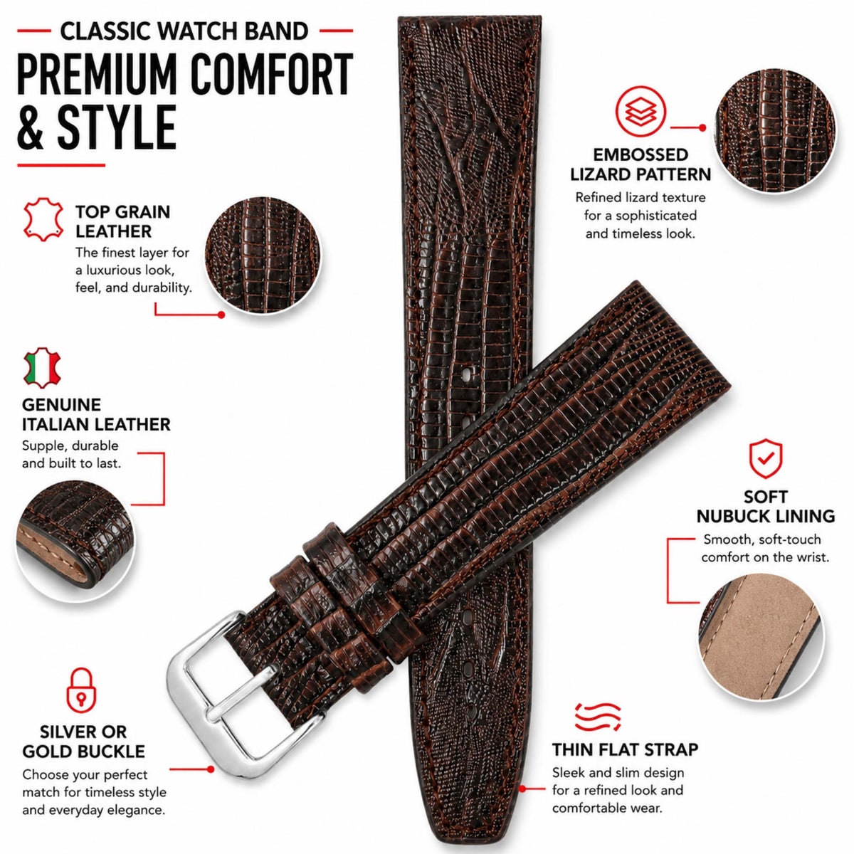Bandini Classic Leather Lizard Pattern Watch Band for Men, Women, 10mm to 20mm