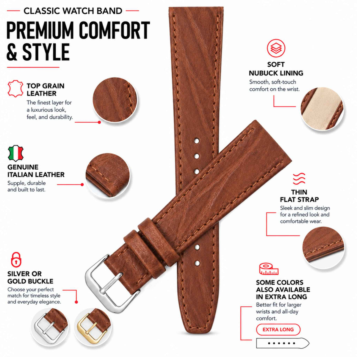 Bandini Leather Watch Band – 10mm 12mm 14mm 16mm 18mm 20mm