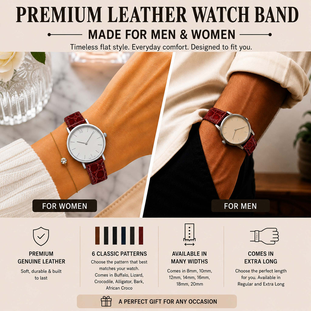 Bandini Leather Crocodile Pattern Watch Band – 10mm 12mm 14mm 16mm 18mm 20mm
