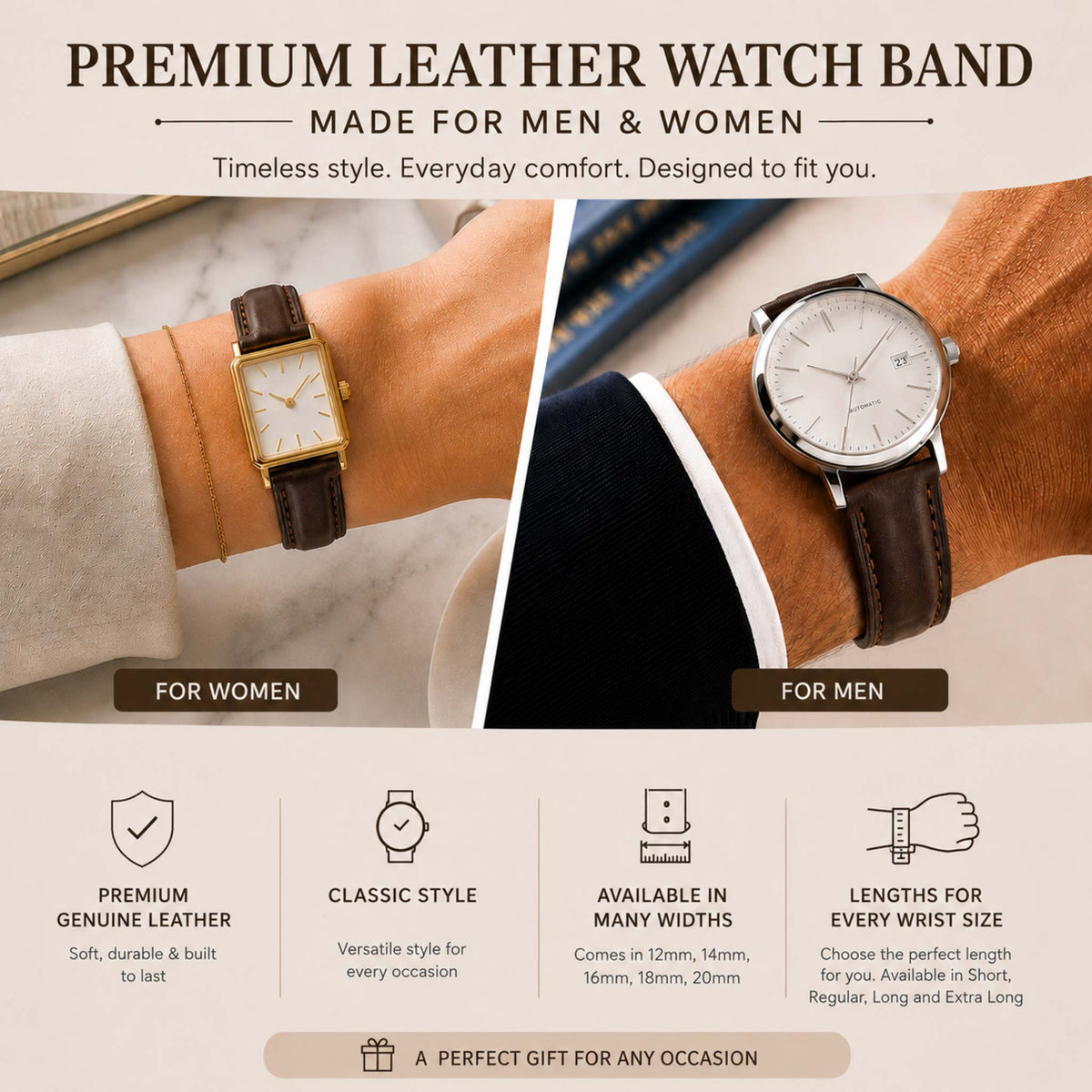 Bandini Leather Classic Watch Band - Short, Standard, Long, Extra Long