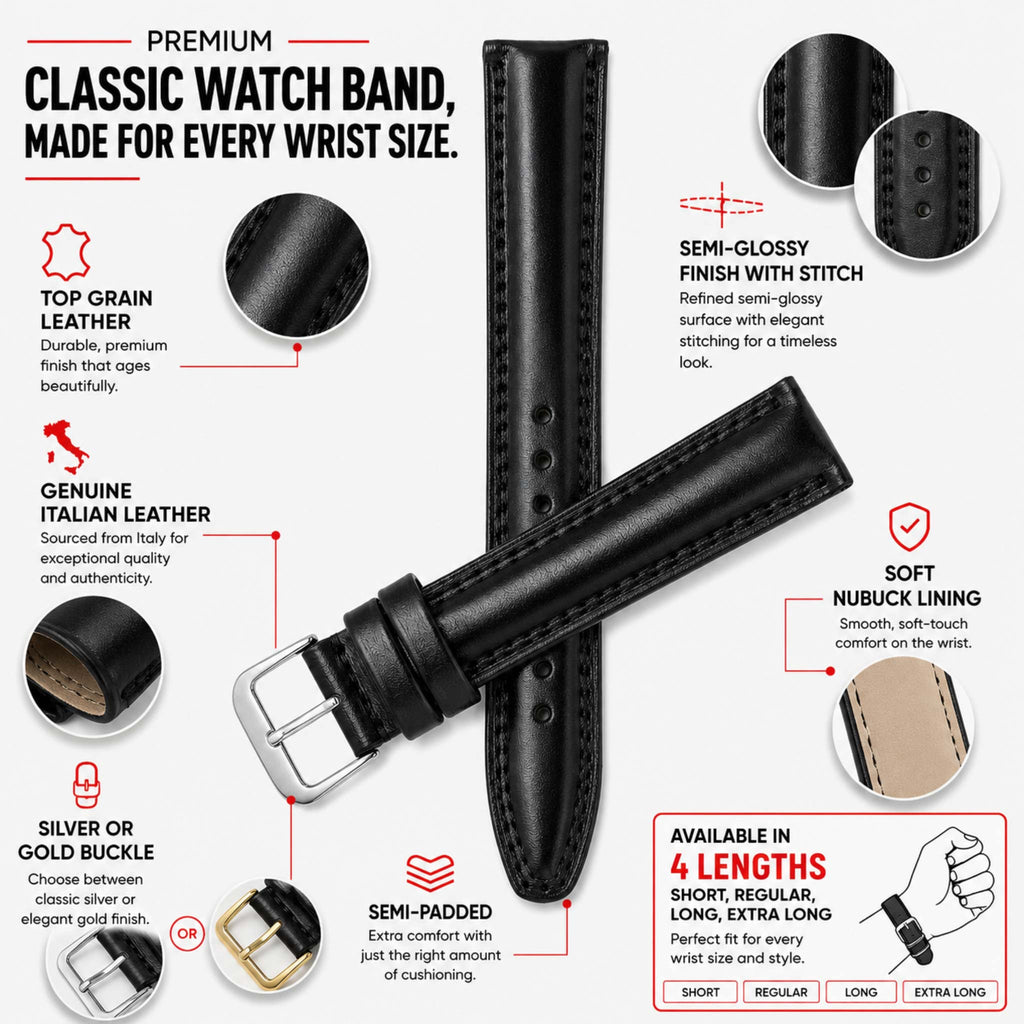 Bandini Leather Classic Watch Band - Short, Standard, Long, Extra Long