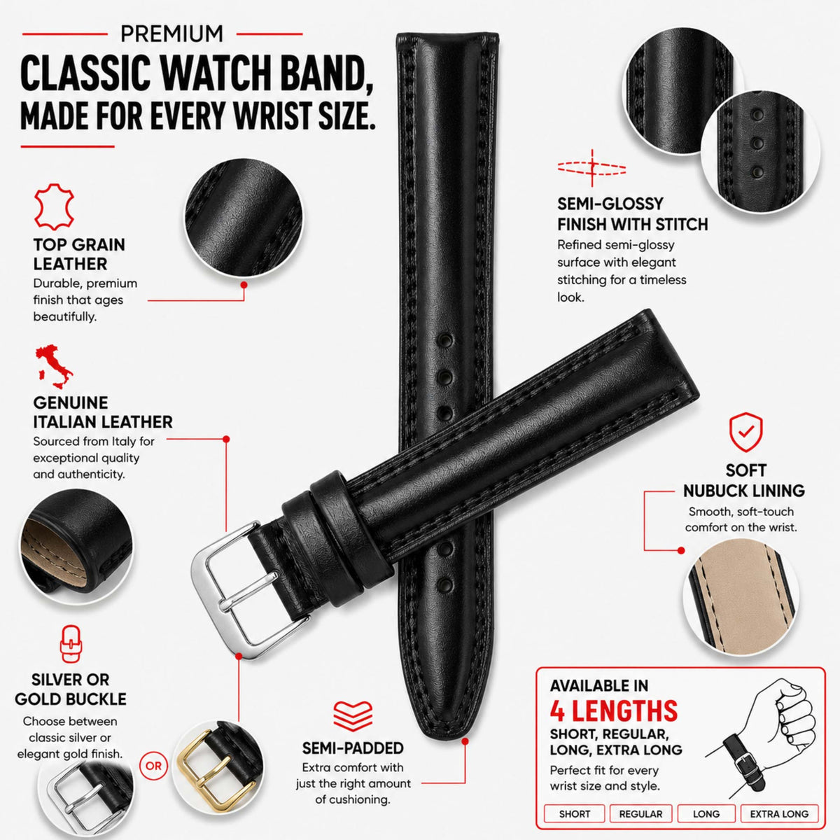 Bandini Leather Classic Watch Band - Short, Standard, Long, Extra Long
