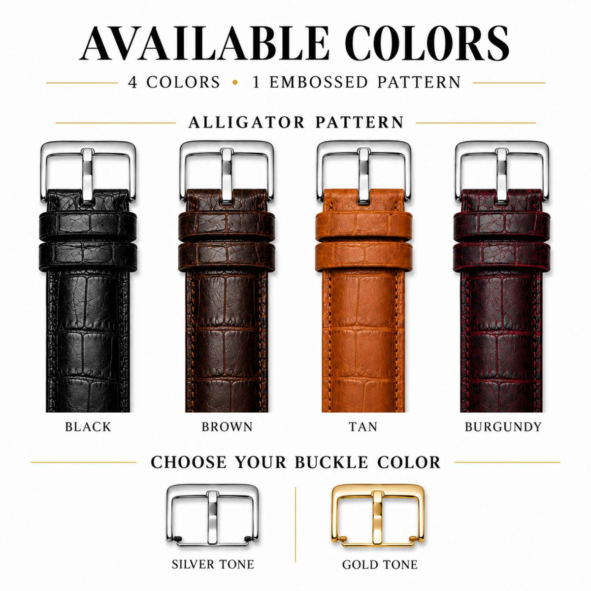 Bandini Extra Long (XL) Leather Watch Band, Alligator Pattern Strap - 12mm to 20mm