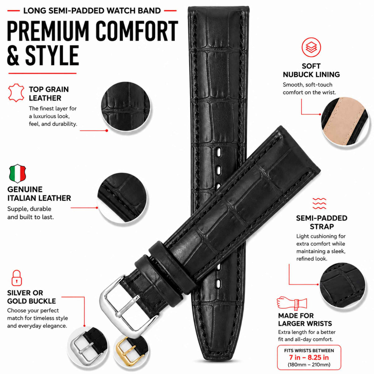 Bandini Extra Long (XL) Leather Watch Band, Alligator Pattern Strap - 12mm to 20mm