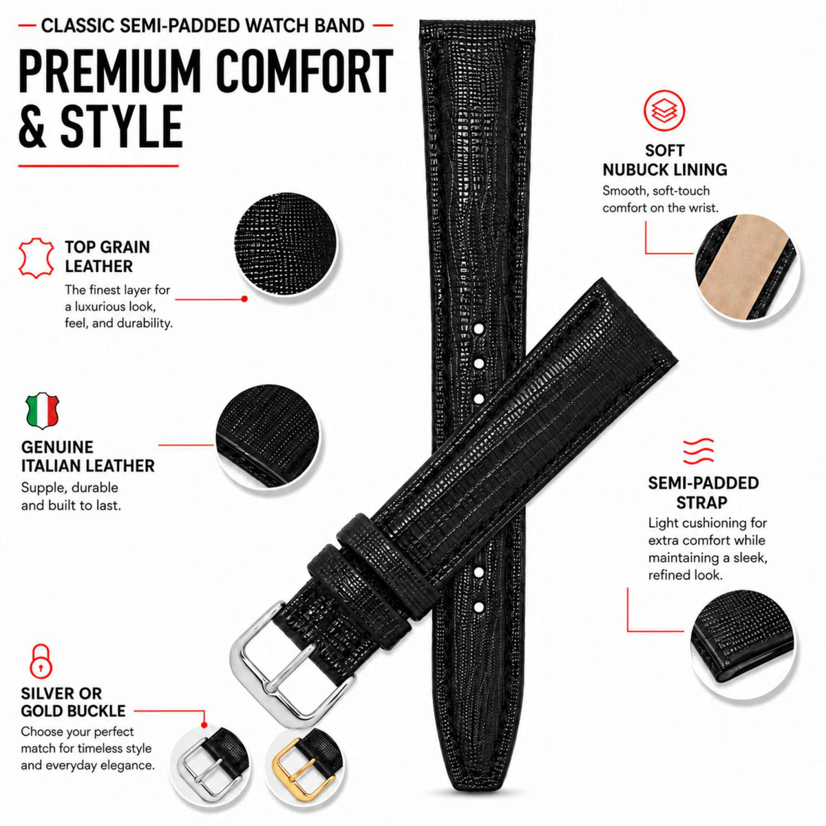Bandini Leather Lizard Pattern Watch Band – 12mm 14mm 16mm 18mm 20mm