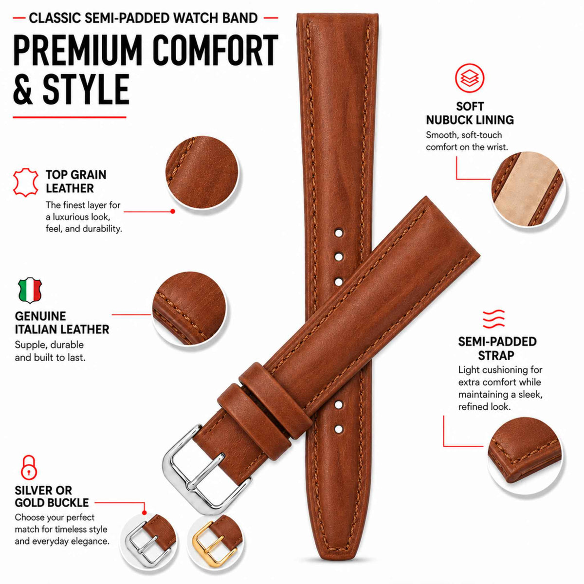 Bandini Leather Watch Band – 12mm 14mm 16mm 18mm 20mm
