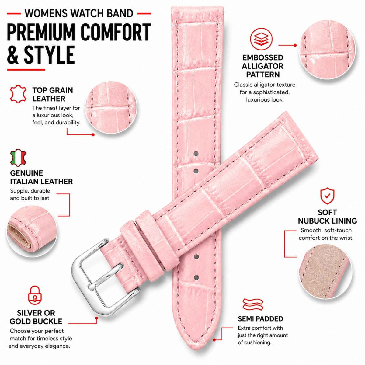 Bandini Leather Alligator Pattern Watch Band – 12mm to 20mm - Unisex