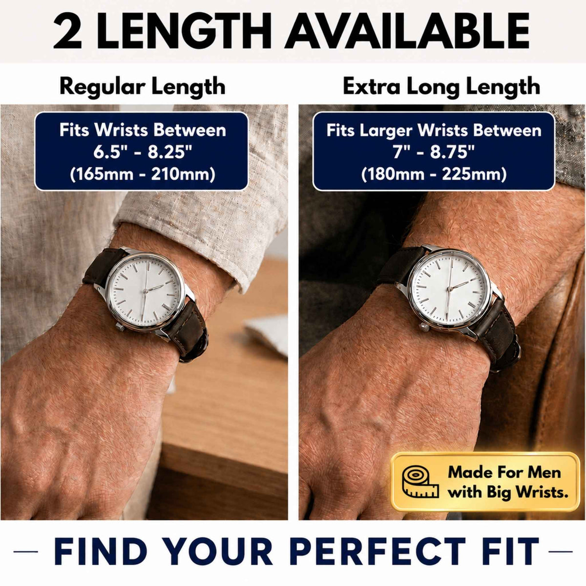 Bandini Mens Leather Band Strap, Buffalo Pattern, White Stitch, Padded, Standard & Extra Long (XL) - 18mm to 30mm