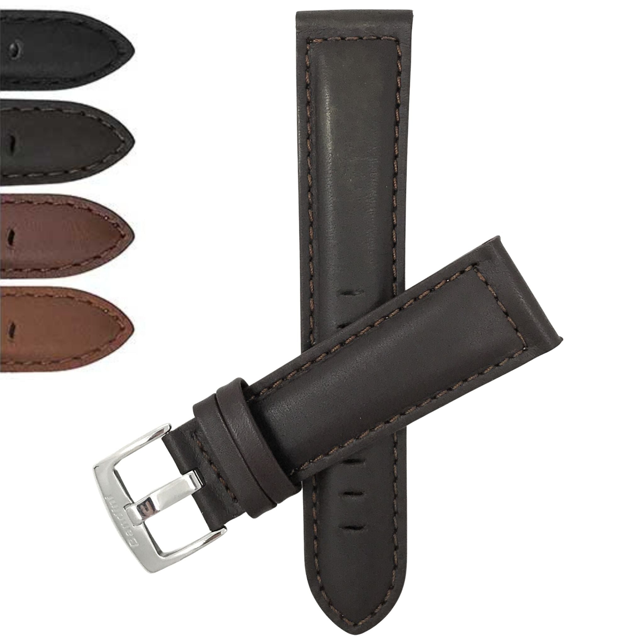 Bandini Mens Leather Watch Band, Stitching, Padded, Standard & Extra Long (XL) - 18mm to 30mm