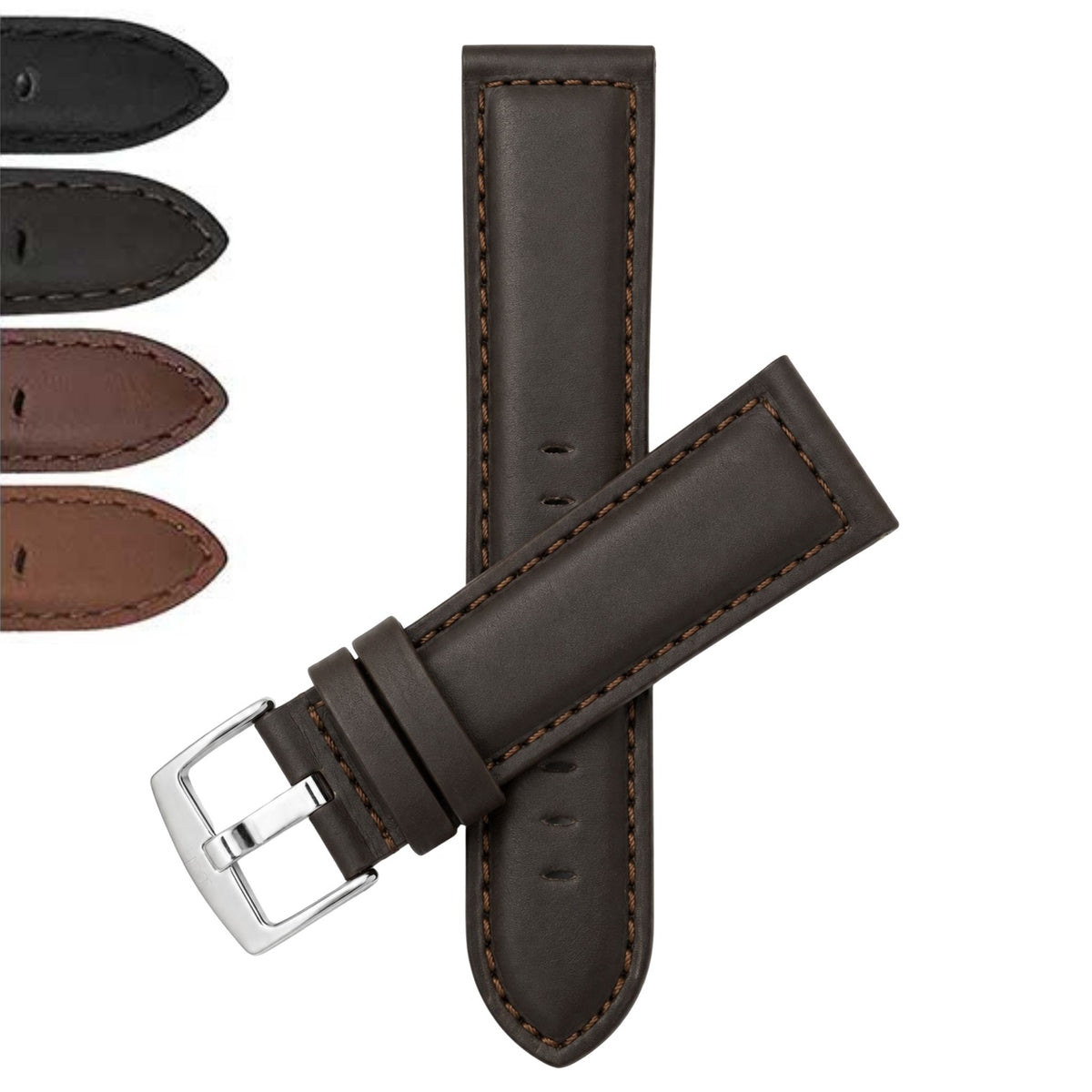 Bandini Mens Leather Watch Band, Stitching, Padded, Standard & Extra Long (XL) - 18mm to 30mm