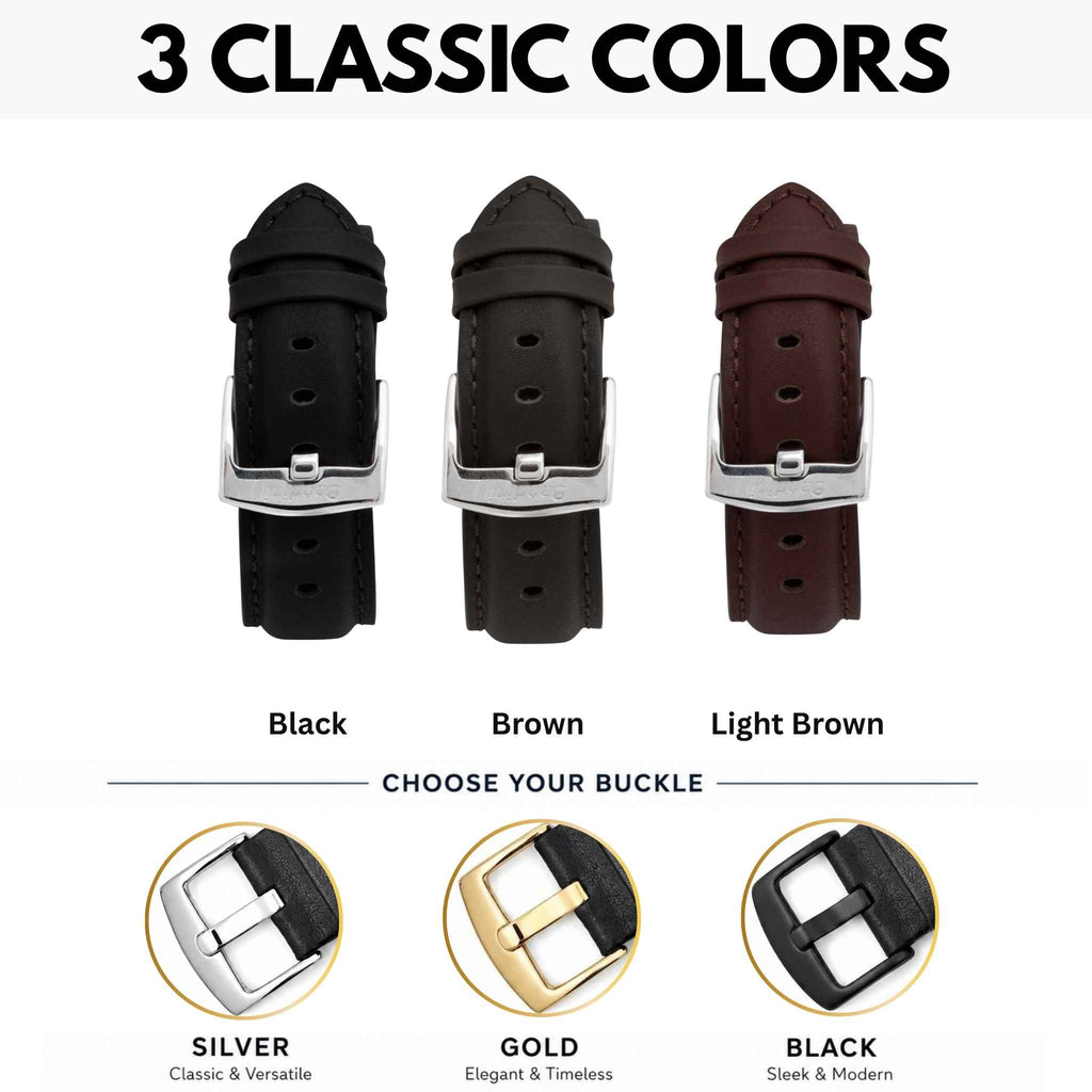 Bandini Mens Leather Watch Band, Stitching, Padded, Standard & Extra Long (XL) - 18mm to 30mm