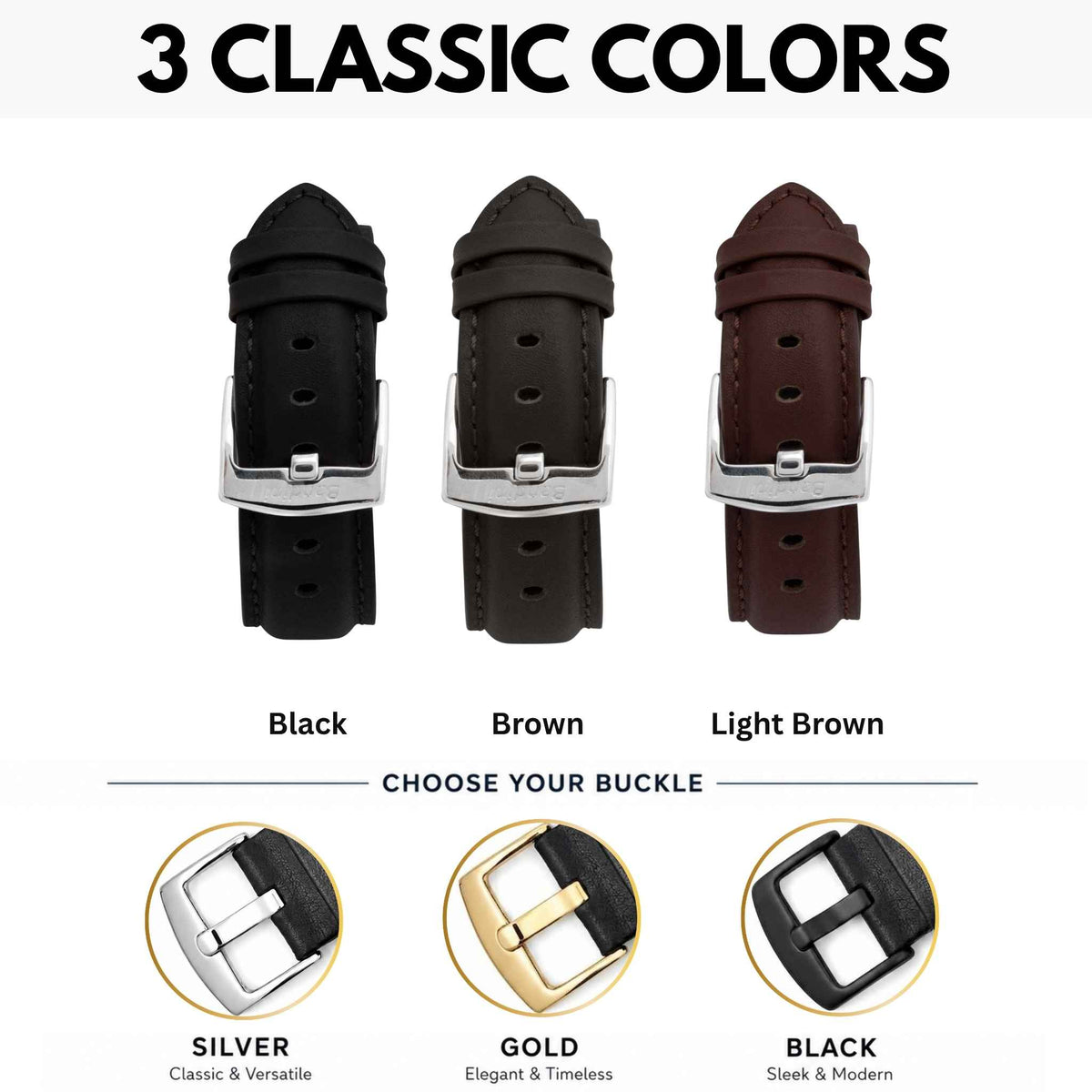 Bandini Mens Leather Watch Band, Stitching, Padded, Standard & Extra Long (XL) - 18mm to 30mm