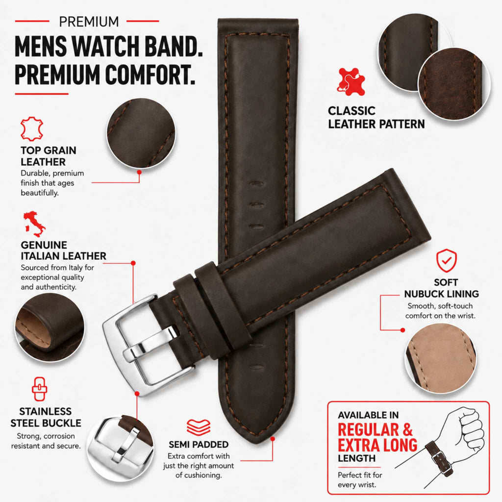 Bandini Mens Leather Watch Band, Stitching, Padded, Standard & Extra Long (XL) - 18mm to 30mm