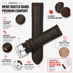 Bandini Mens Leather Watch Band, Stitching, Padded, Standard & Extra Long (XL) - 18mm to 30mm