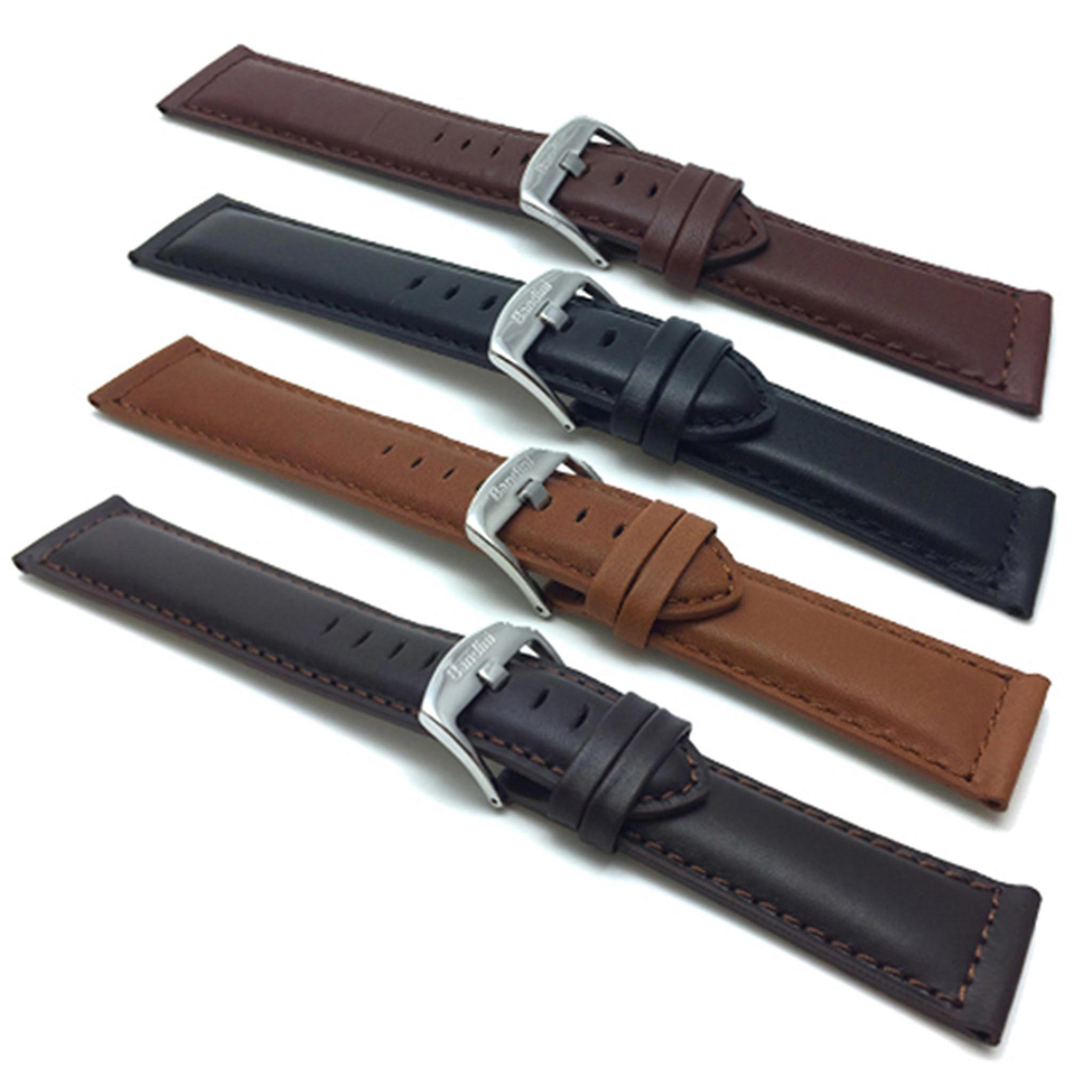 Bandini Mens Leather Watch Band, Stitching, Padded, Standard & Extra Long (XL) - 18mm to 30mm