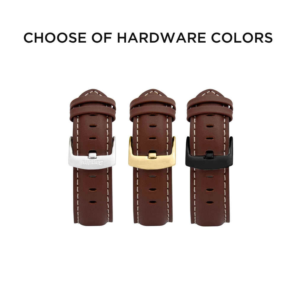 Bandini Mens Classic Padded Leather Watch Band for Apple Watch - White Stitch