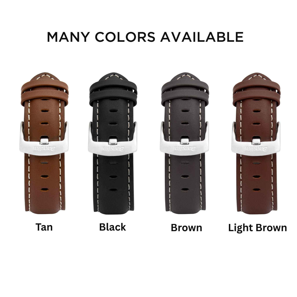 Bandini Mens Classic Padded Leather Watch Band for Apple Watch - White Stitch