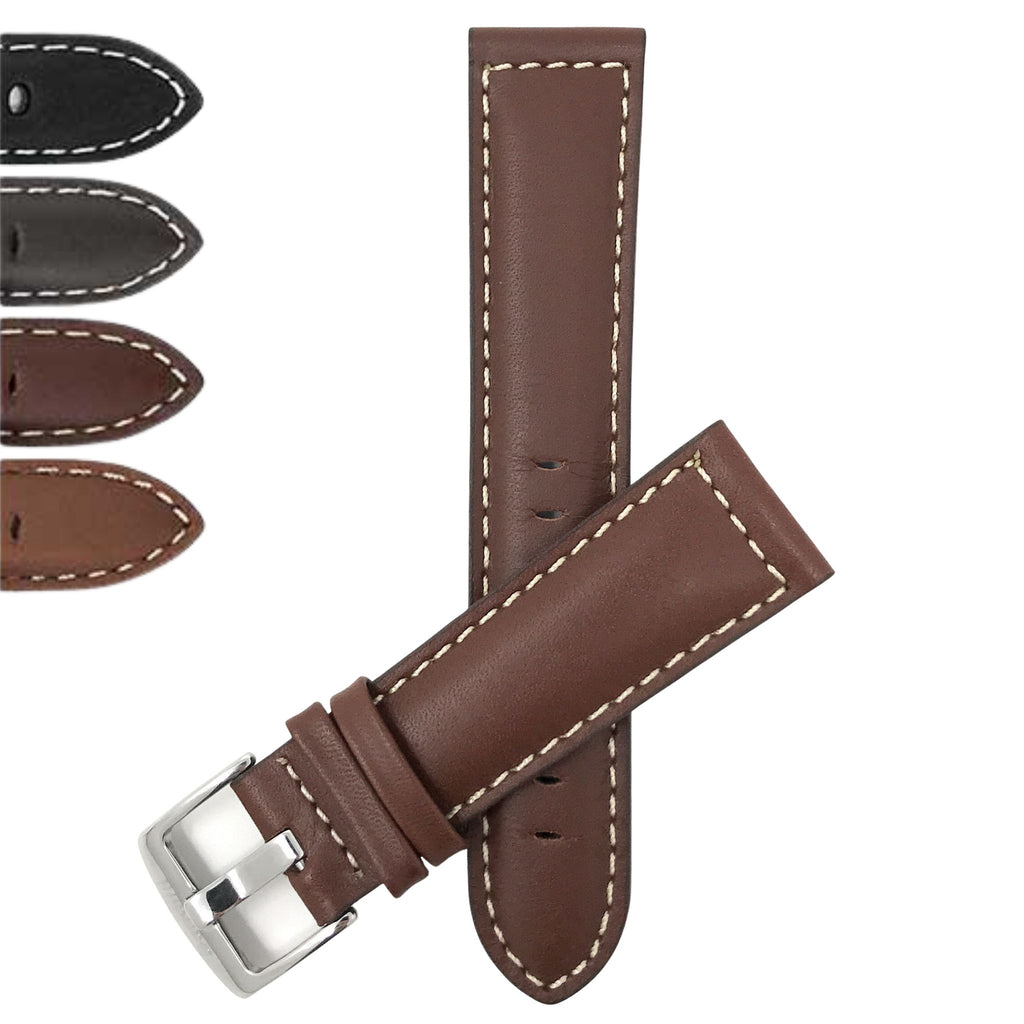 Bandini Mens Leather Watch Band, White Stitch, Padded, Standard & Extra Long (XL) - 18mm to 30mm
