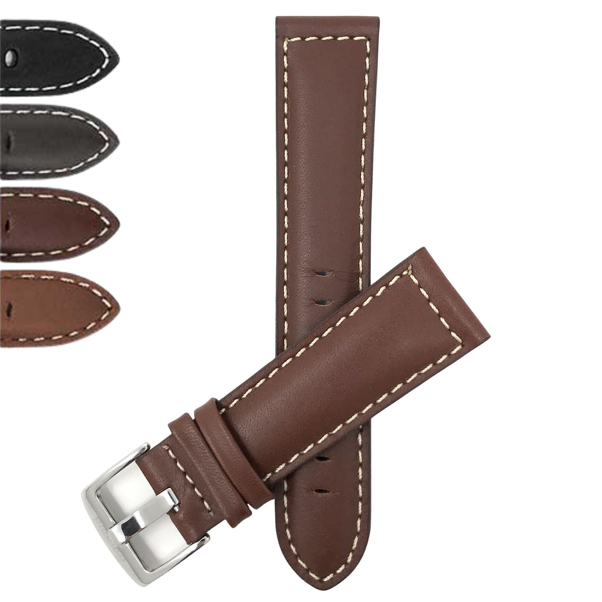 Bandini Mens Leather Watch Band, White Stitch, Padded, Standard & Extra Long (XL) - 18mm to 30mm