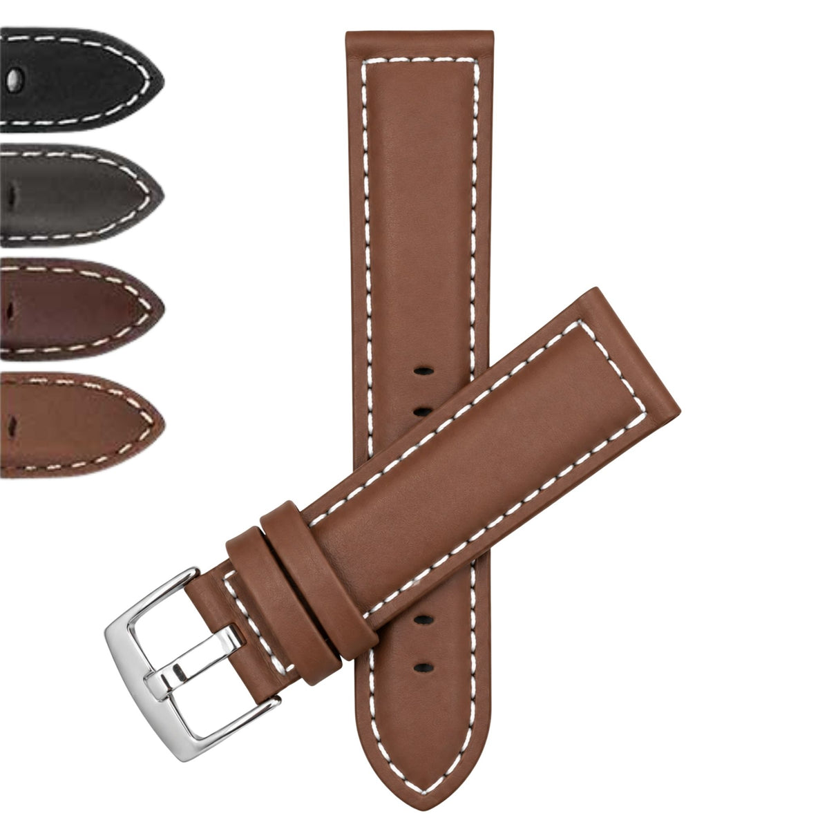 Bandini Mens Leather Watch Band, White Stitch, Padded, Standard & Extra Long (XL) - 18mm to 30mm