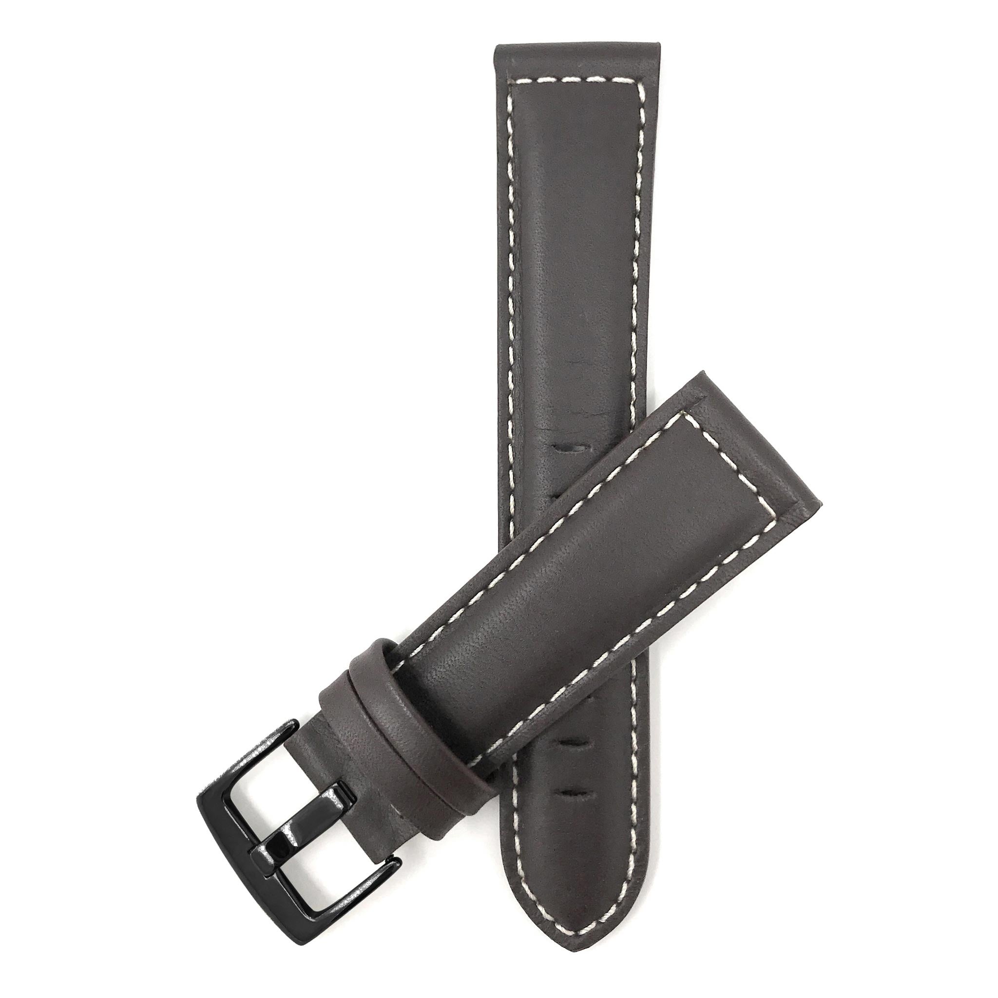 Bandini Mens Leather Watch Band, White Stitch, Padded, Standard & Extra Long (XL) - 18mm to 30mm