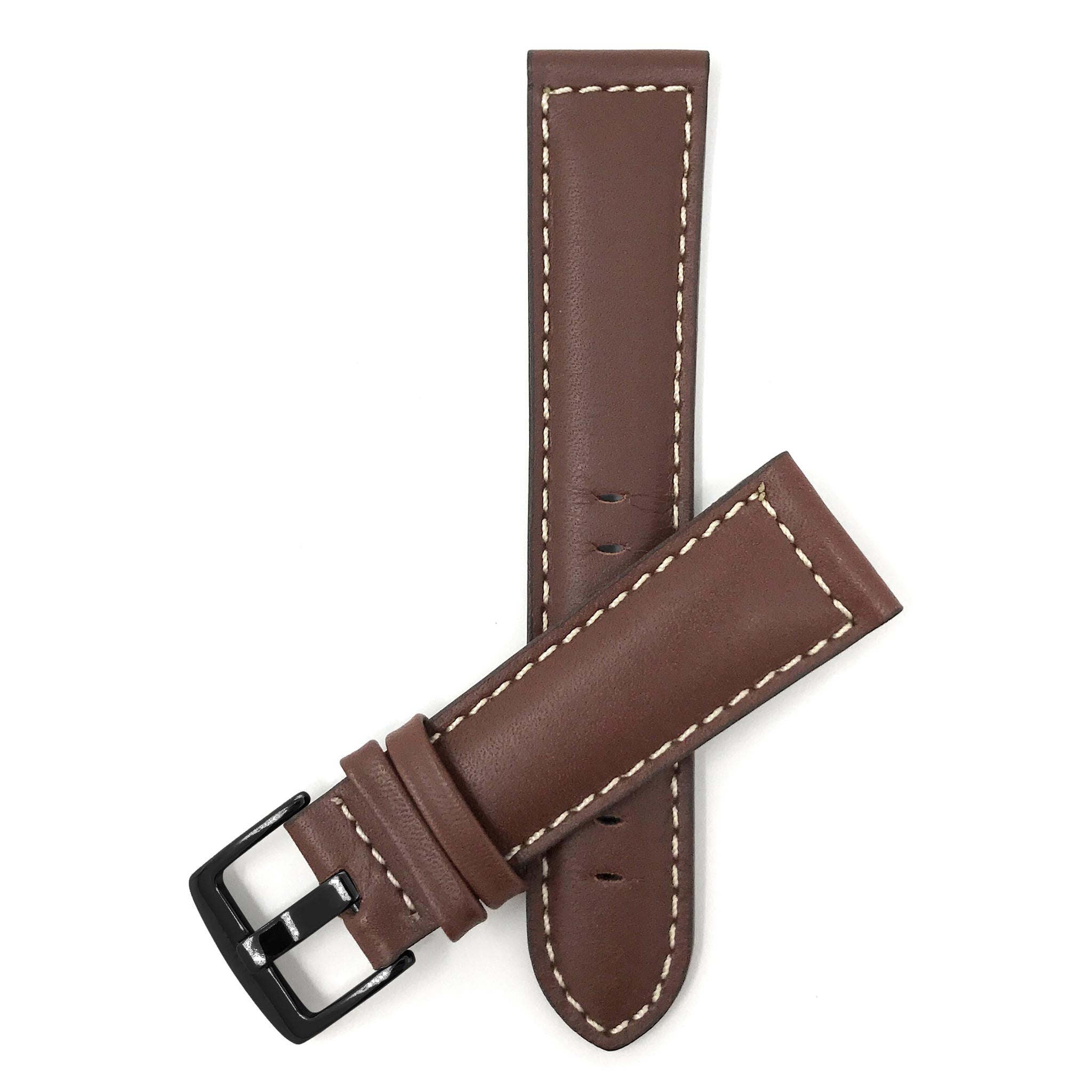 Bandini Mens Leather Watch Band, White Stitch, Padded, Standard & Extra Long (XL) - 18mm to 30mm