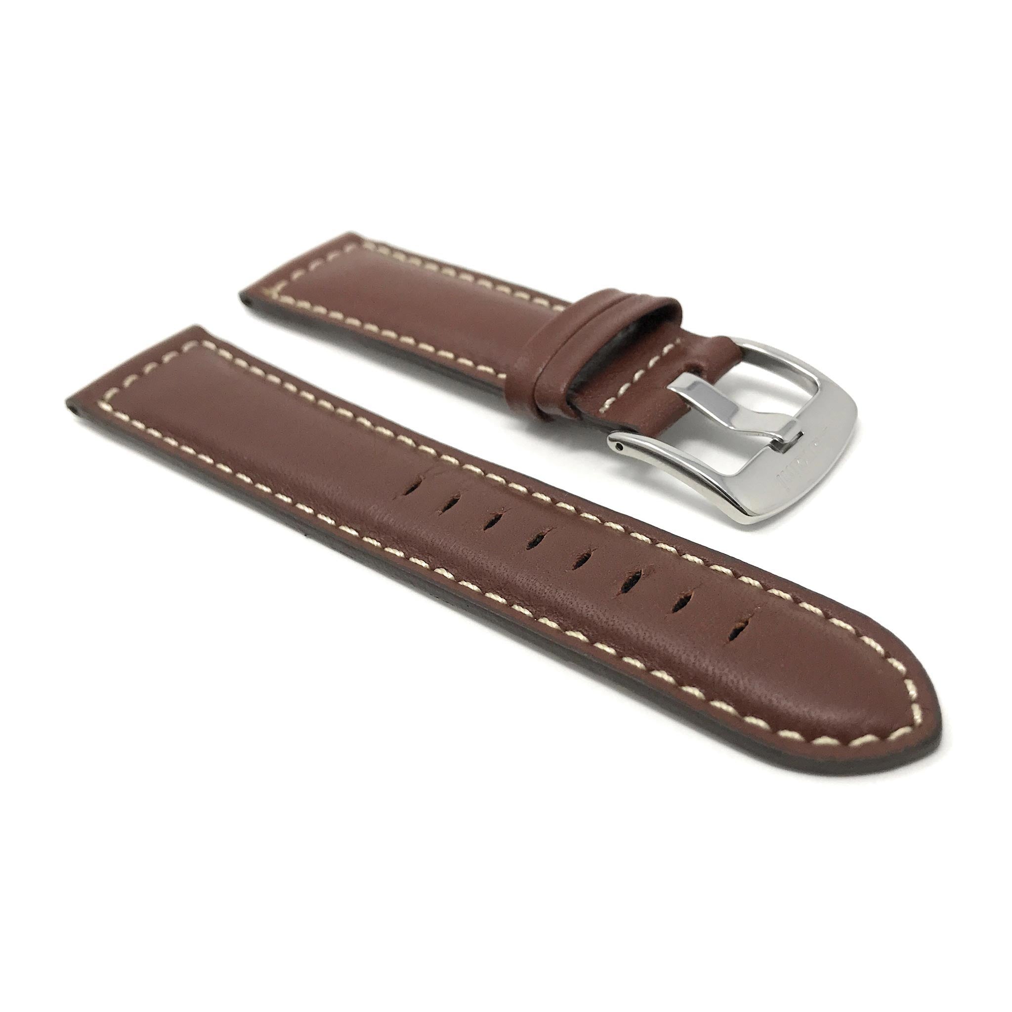 Bandini Mens Leather Watch Band, White Stitch, Padded, Standard & Extra Long (XL) - 18mm to 30mm