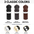 Bandini Mens Leather Watch Band, White Stitch, Padded, Standard & Extra Long (XL) - 18mm to 30mm