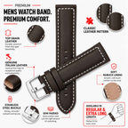 Bandini Mens Leather Watch Band, White Stitch, Padded, Standard & Extra Long (XL) - 18mm to 30mm