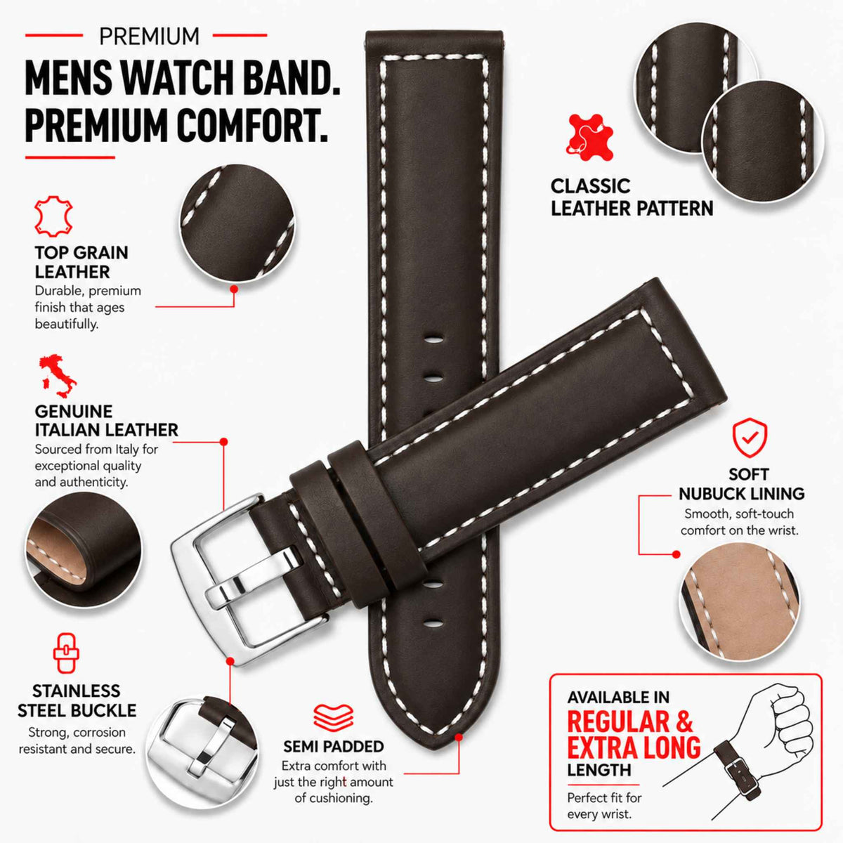 Bandini Mens Leather Watch Band, White Stitch, Padded, Standard & Extra Long (XL) - 18mm to 30mm