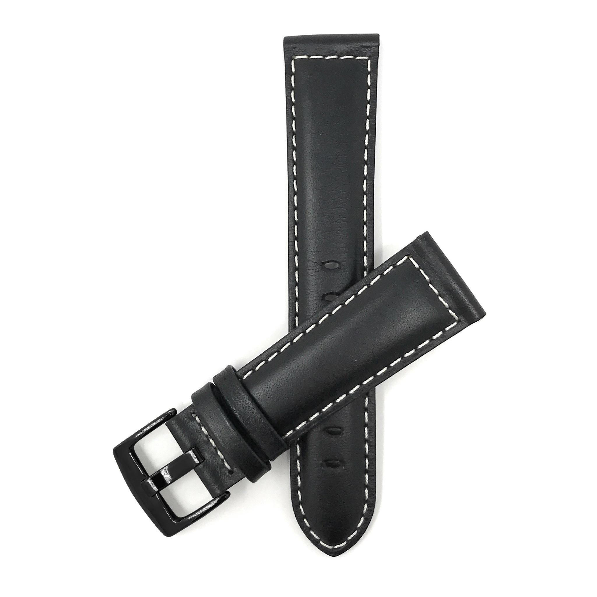 Bandini Mens Leather Watch Band, White Stitch, Padded, Standard & Extra Long (XL) - 18mm to 30mm