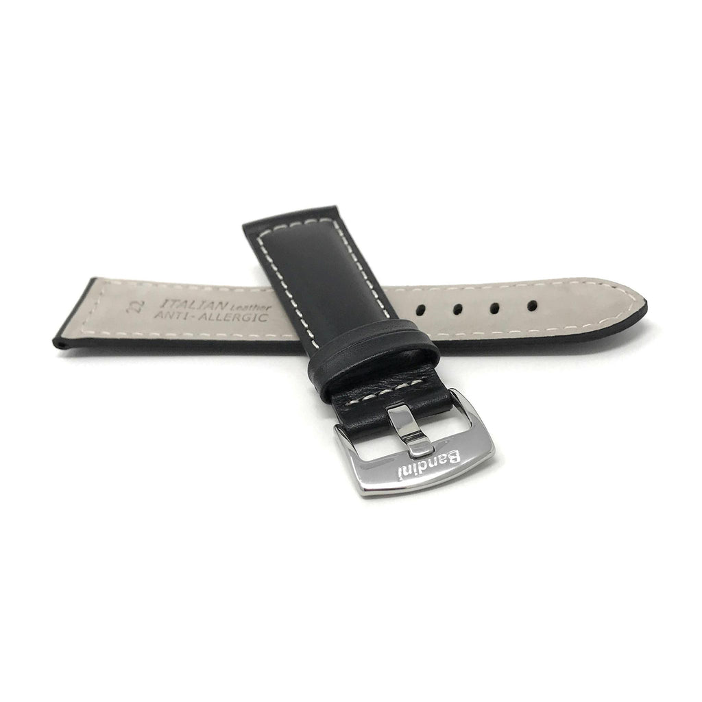 Bandini Mens Leather Watch Band, White Stitch, Padded, Standard & Extra Long (XL) - 18mm to 30mm
