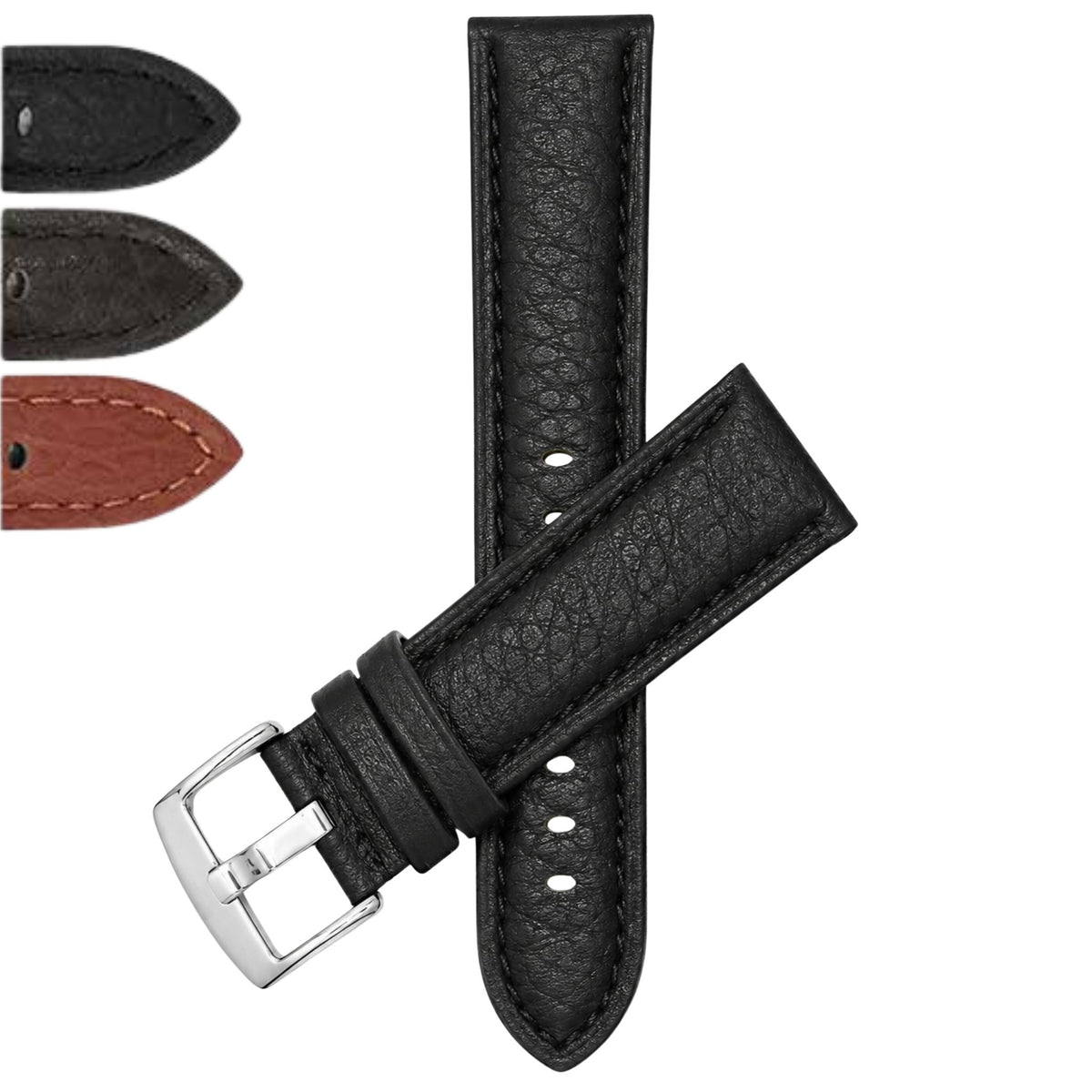 Bandini Mens Leather Watch Band Strap, Buffalo Pattern, Padded, Standard & Extra Long (XL) - 18mm to 30mm