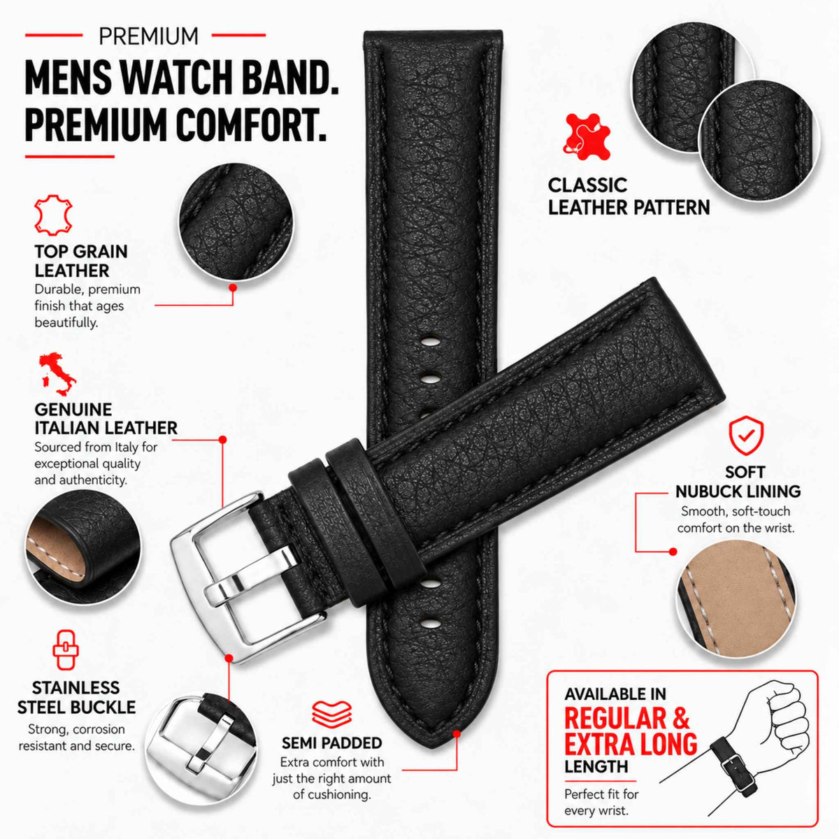 Bandini Mens Leather Watch Band Strap, Buffalo Pattern, Padded, Standard & Extra Long (XL) - 18mm to 30mm