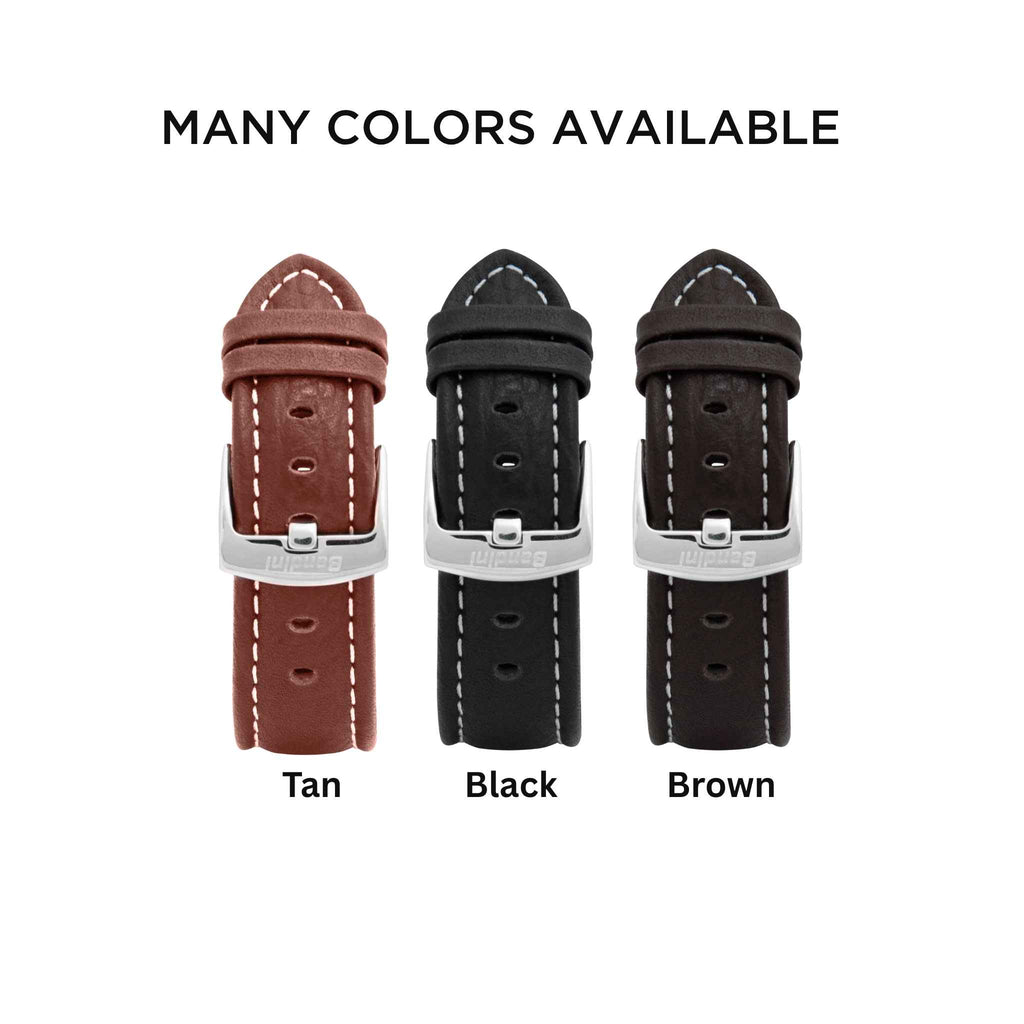 Bandini Mens Classic Padded Leather Watch Band for Apple Watch - Buffalo Pattern, White Stitch