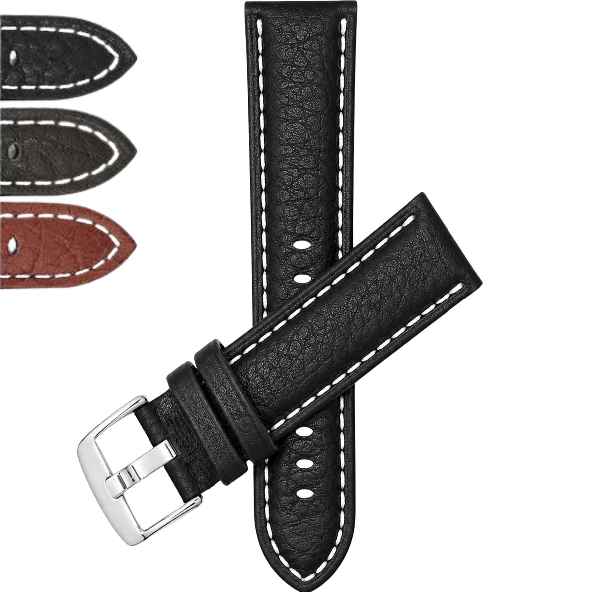 Bandini Mens Leather Band Strap, Buffalo Pattern, White Stitch, Padded, Standard & Extra Long (XL) - 18mm to 30mm