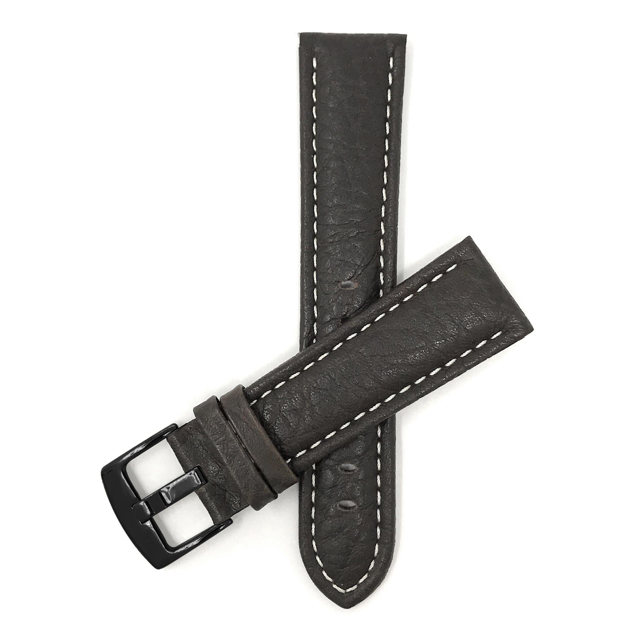 Bandini Mens Leather Band Strap, Buffalo Pattern, White Stitch, Padded, Standard & Extra Long (XL) - 18mm to 30mm