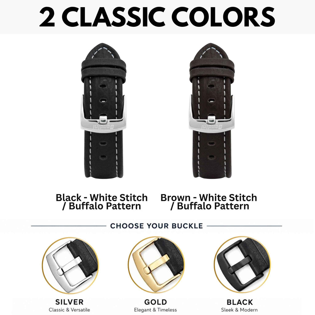 Bandini Mens Leather Band Strap, Buffalo Pattern, White Stitch, Padded, Standard & Extra Long (XL) - 18mm to 30mm