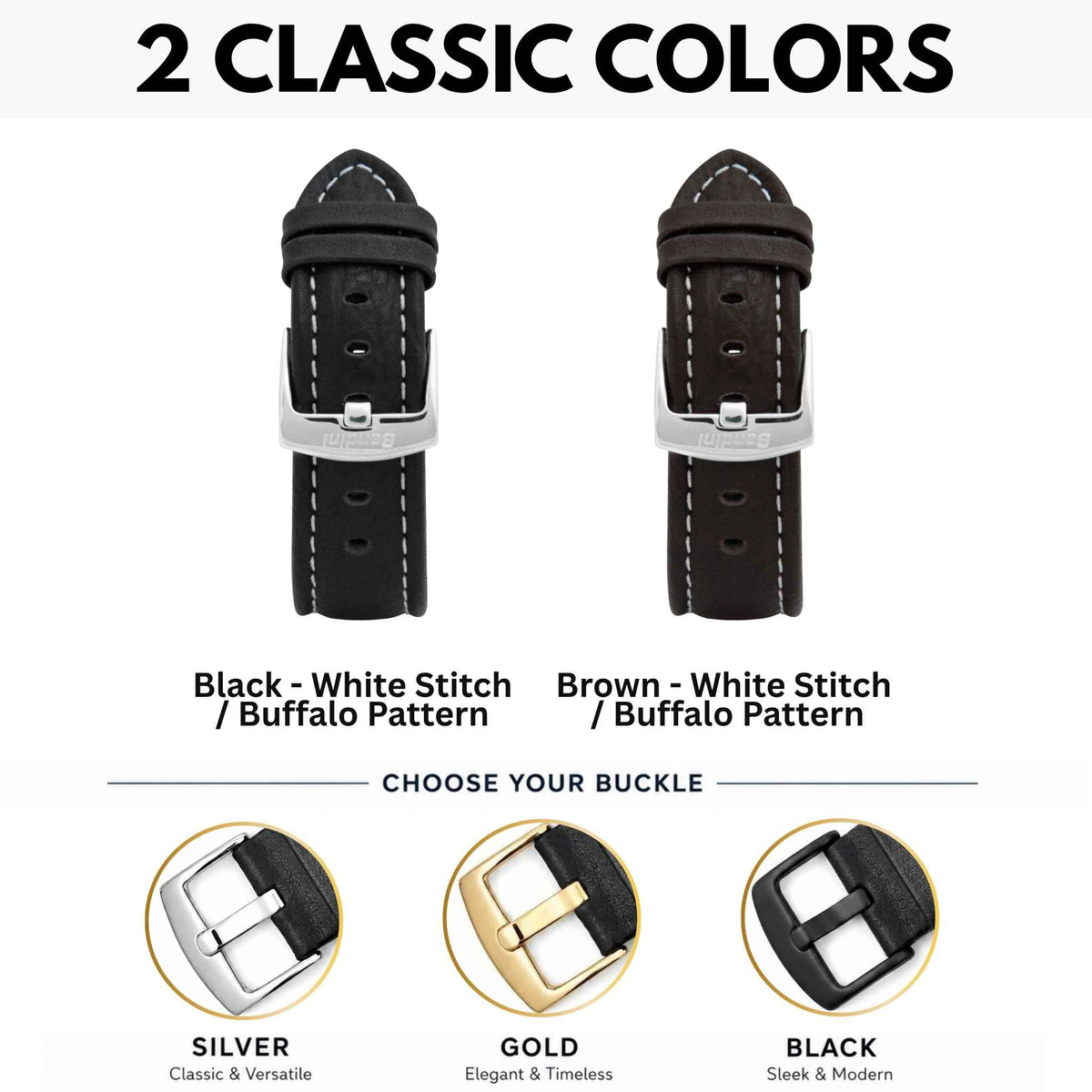 Bandini Mens Leather Band Strap, Buffalo Pattern, White Stitch, Padded, Standard & Extra Long (XL) - 18mm to 30mm