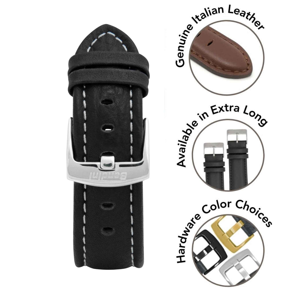Bandini Mens Classic Padded Leather Watch Band for Apple Watch - Buffalo Pattern, White Stitch