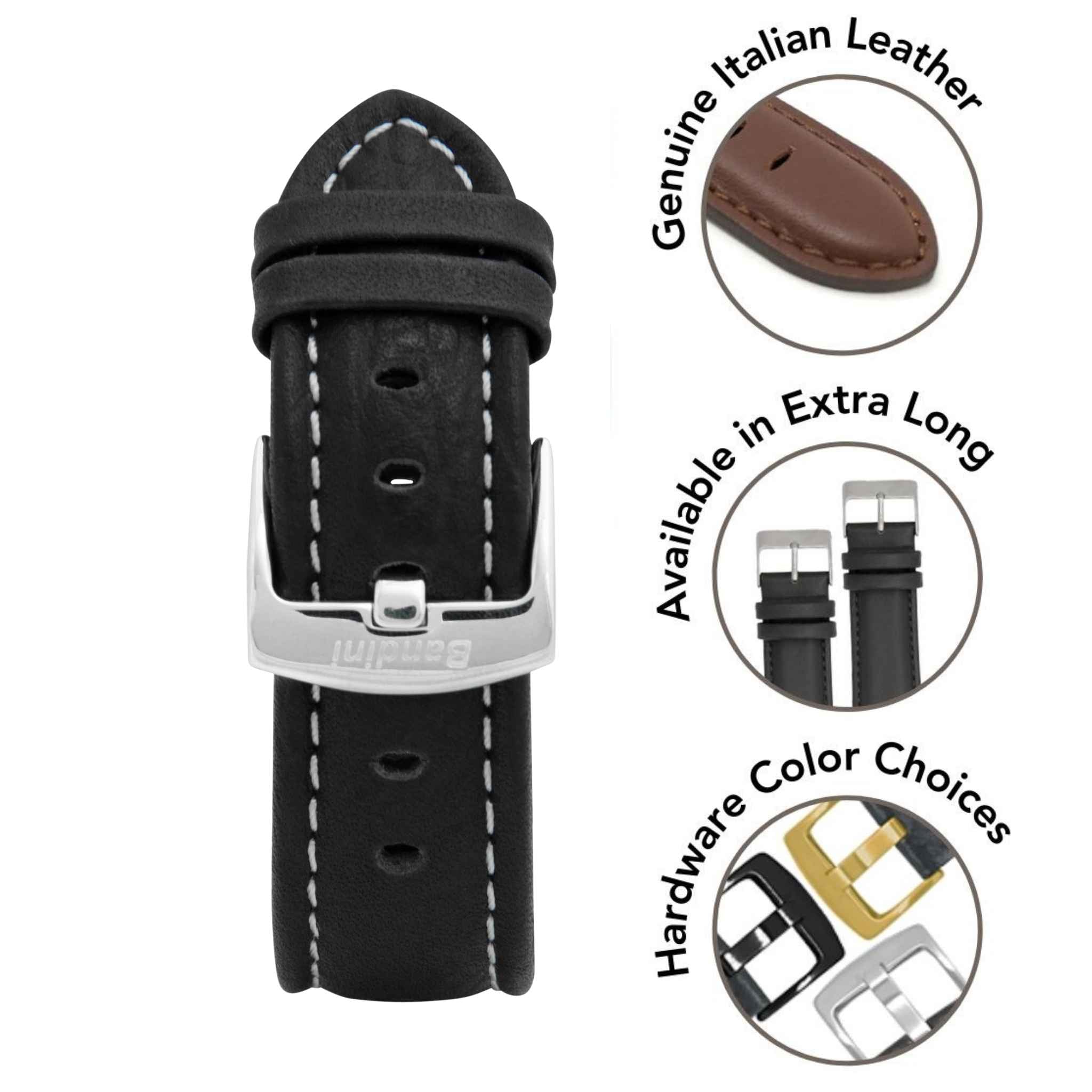 Bandini Mens Classic Padded Leather Watch Band for Apple Watch - Buffalo Pattern, White Stitch